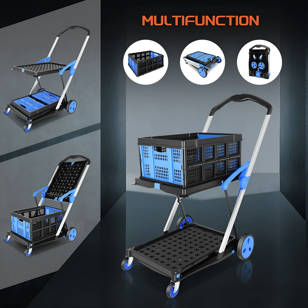 Blue foldable shopping cart with two plastic baskets stacked, showing wheels and handle.