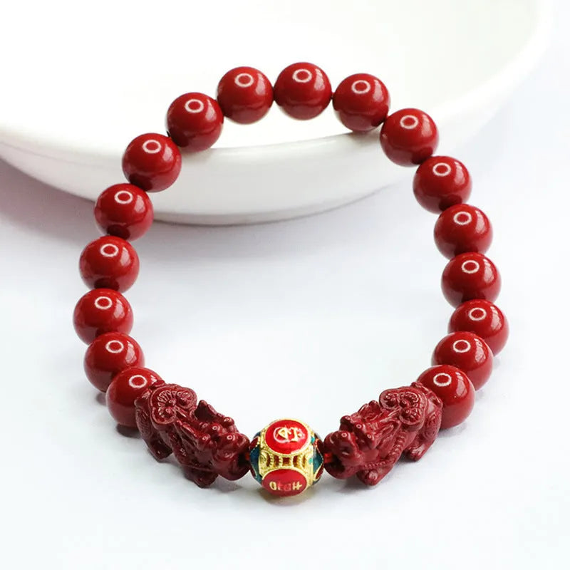 Cinnabar double pixiu women's bracelet 8mm purple gold sand leather animal zodiac carving
