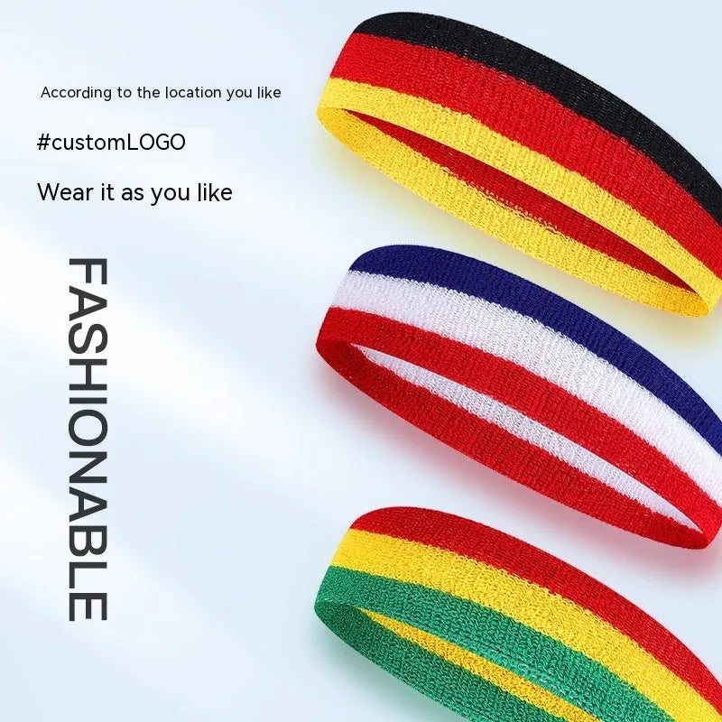 Colourful sports headband for adults in red, yellow, and blue, shown on a head during exercise.