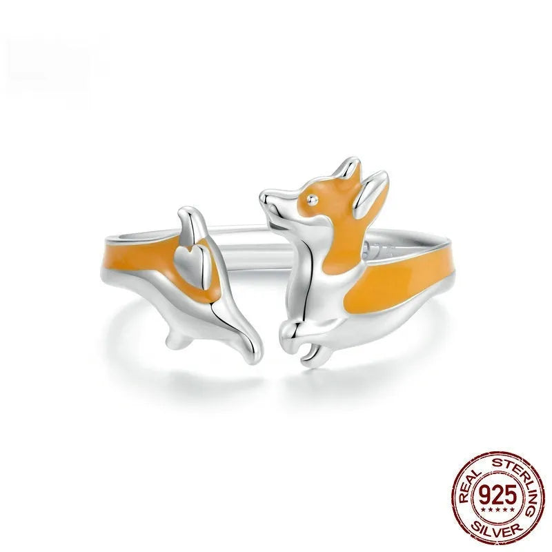 Silver ring with a cute cartoon corgi design, electroplated finish, colour SCR1014-E.
