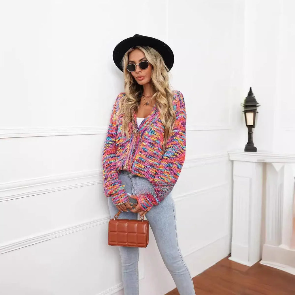 Rainbow mixed colour festival dyed short cardigan knitted coat in rose red on model