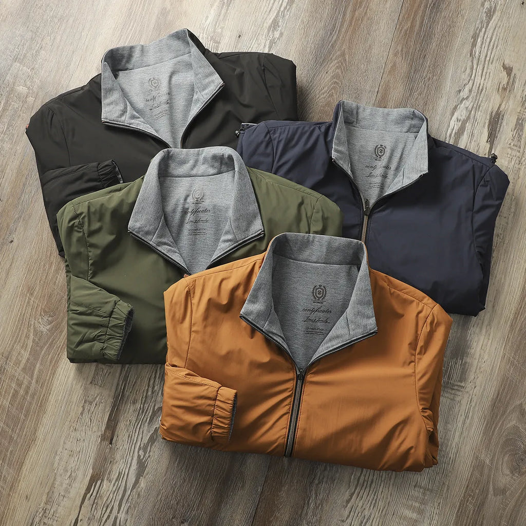 Men's stand collar casual jacket in polyester-cotton blend fabric available in multiple colours and sizes