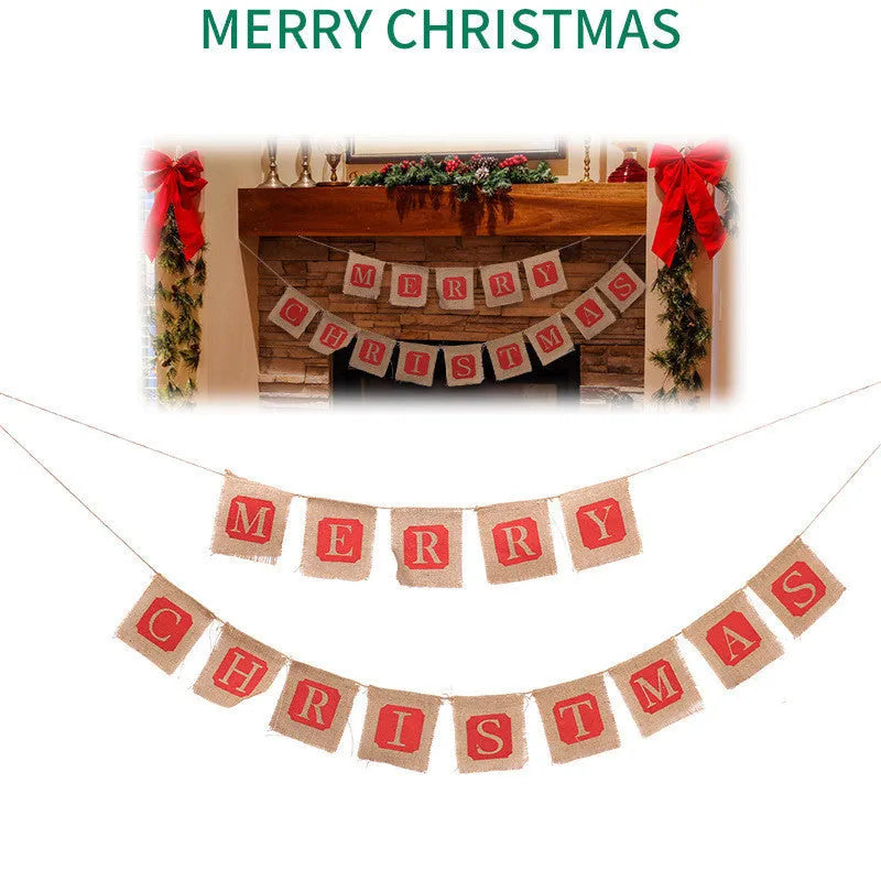 Merry Christmas burlap banner with 14 brown and red flags on a string, each flag approx 12x13 cm