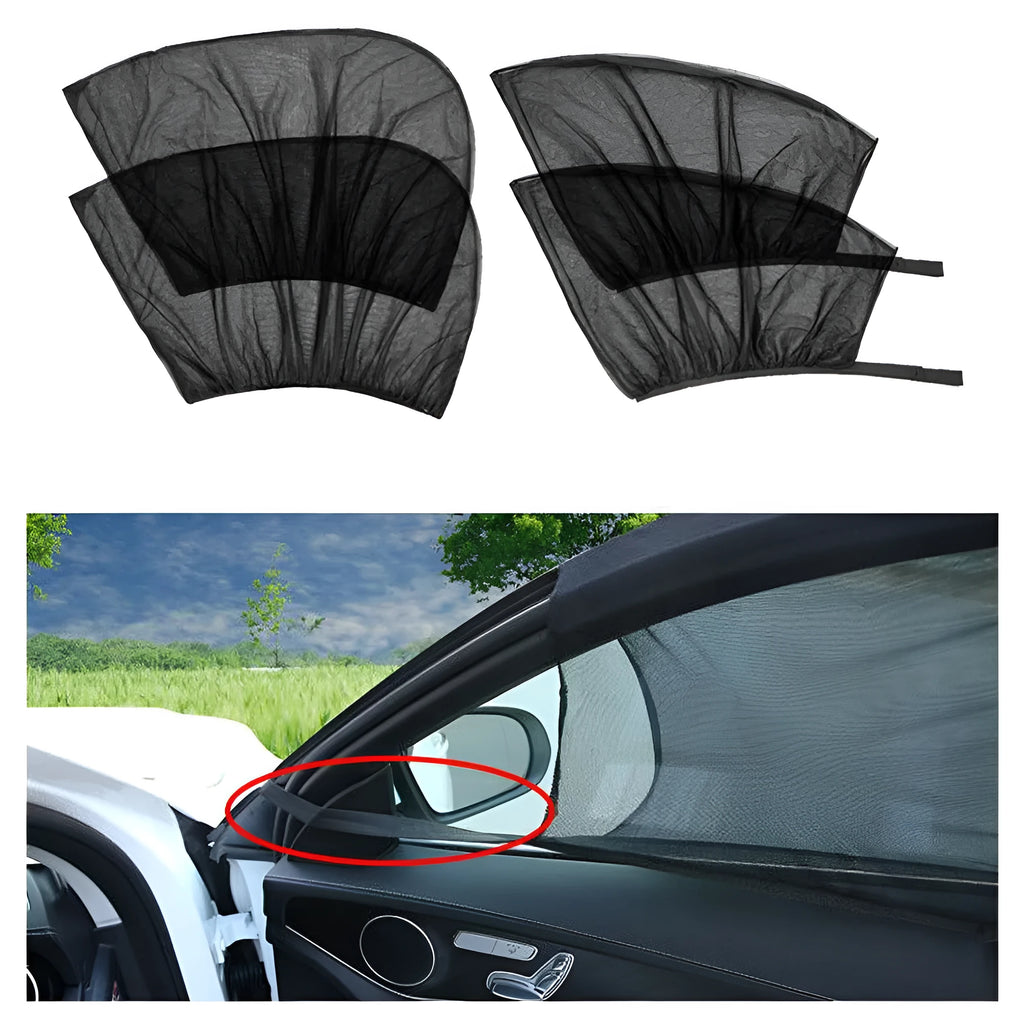 Set of five stretchy mesh car side window sunshades for front and rear windows on a vehicle.