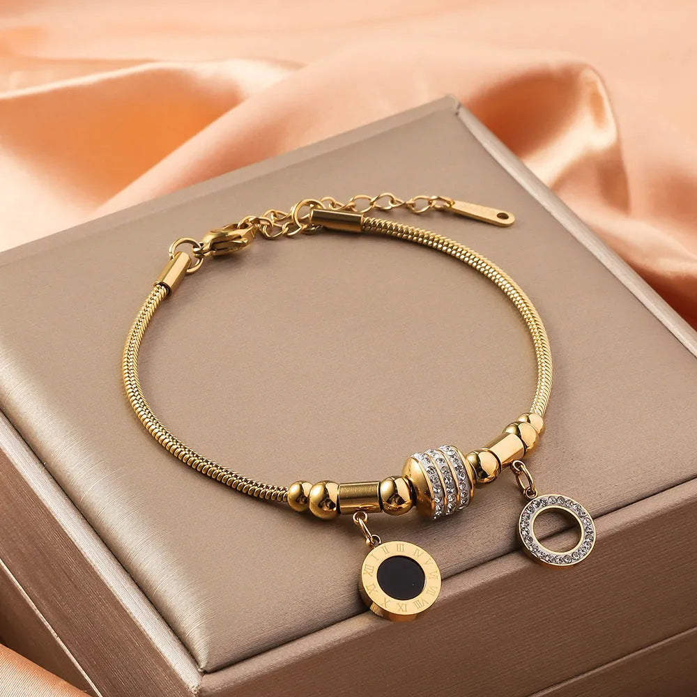 Titanium steel inlaid shell bracelet with electroplated finish, unisex fashion OL style, available in multiple colour options