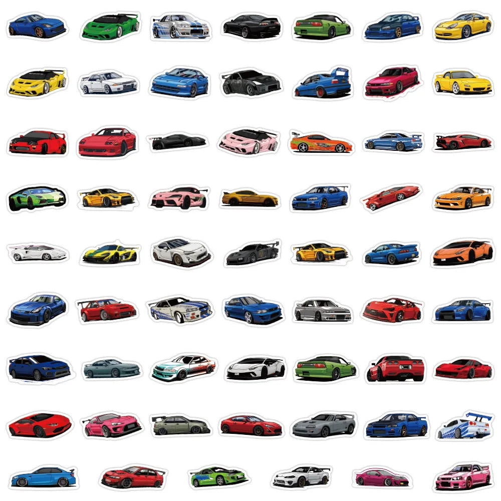60 multicolour sports car graffiti stickers 5-7cm on a white background