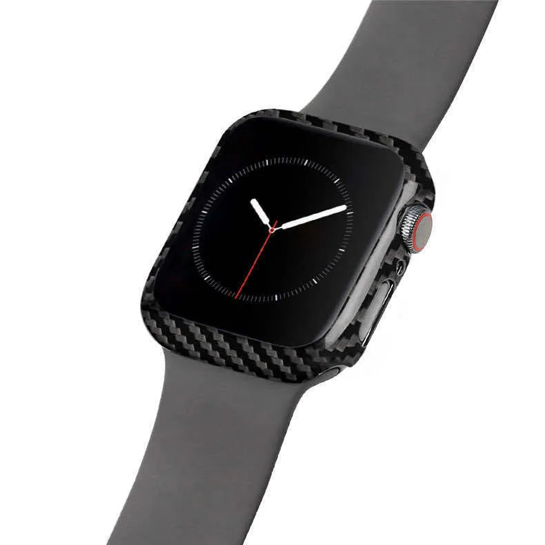 44mm Apple Watch 4 carbon fibre half wrap leather case in bright black and matt black colours