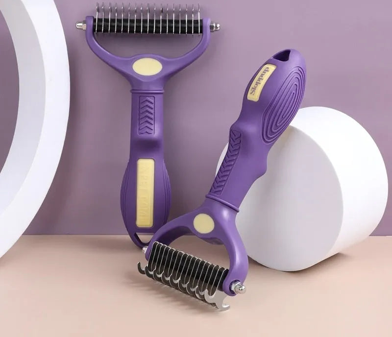 Purple double-sided plastic pet comb for dog and cat grooming with knot removal teeth