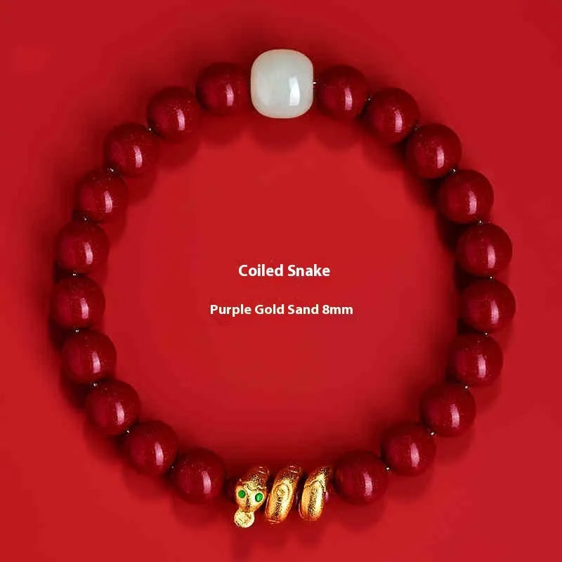 Handmade cinnabar Snake Year zodiac bracelet with Chinese style design and snake bead detailing