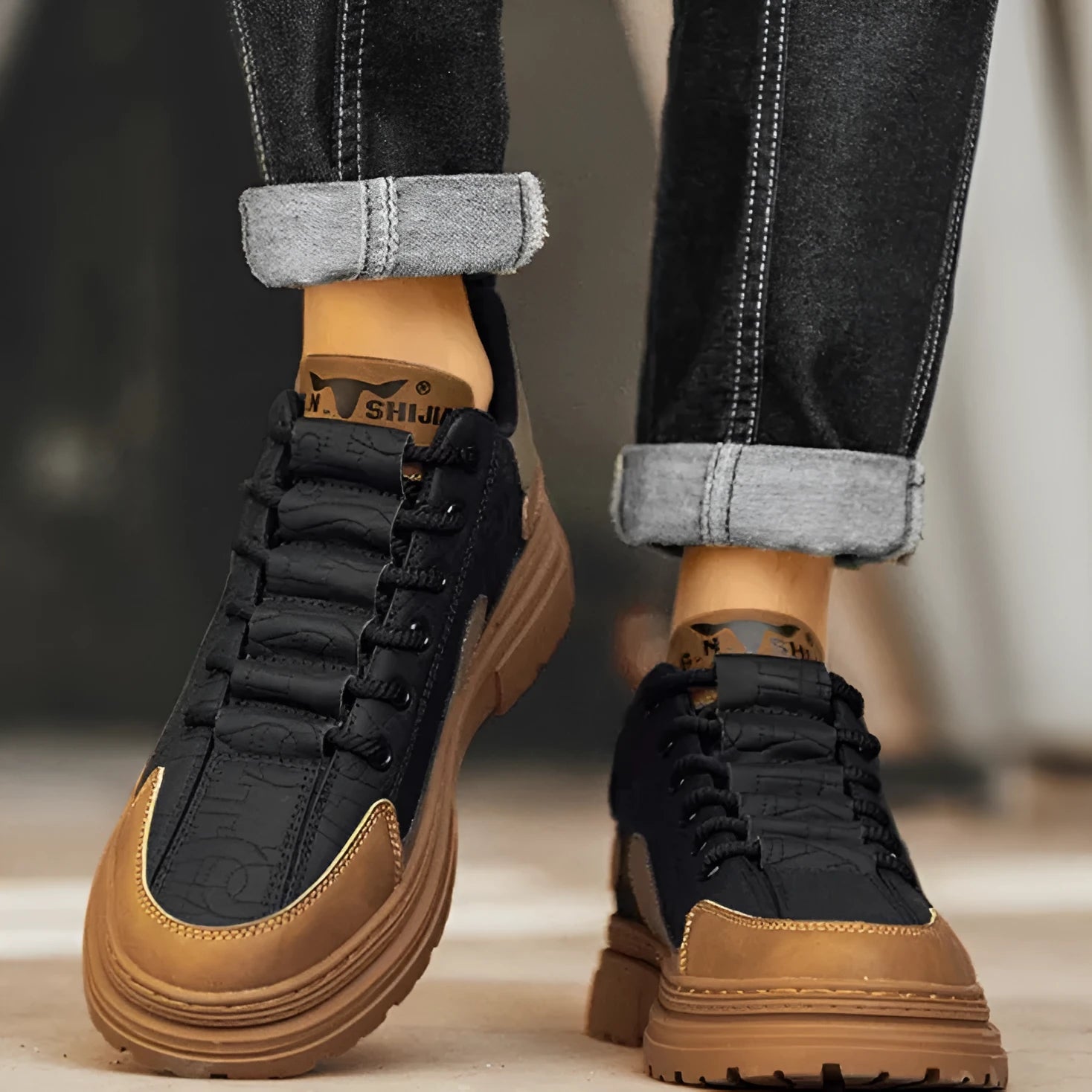 Summer platform casual sneakers with thick rubber sole, black and white colour options, side view