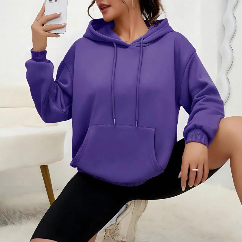 Loose long sleeve women sweatshirt with drawstring hem and front pocket in various colours like khaki and orange gray