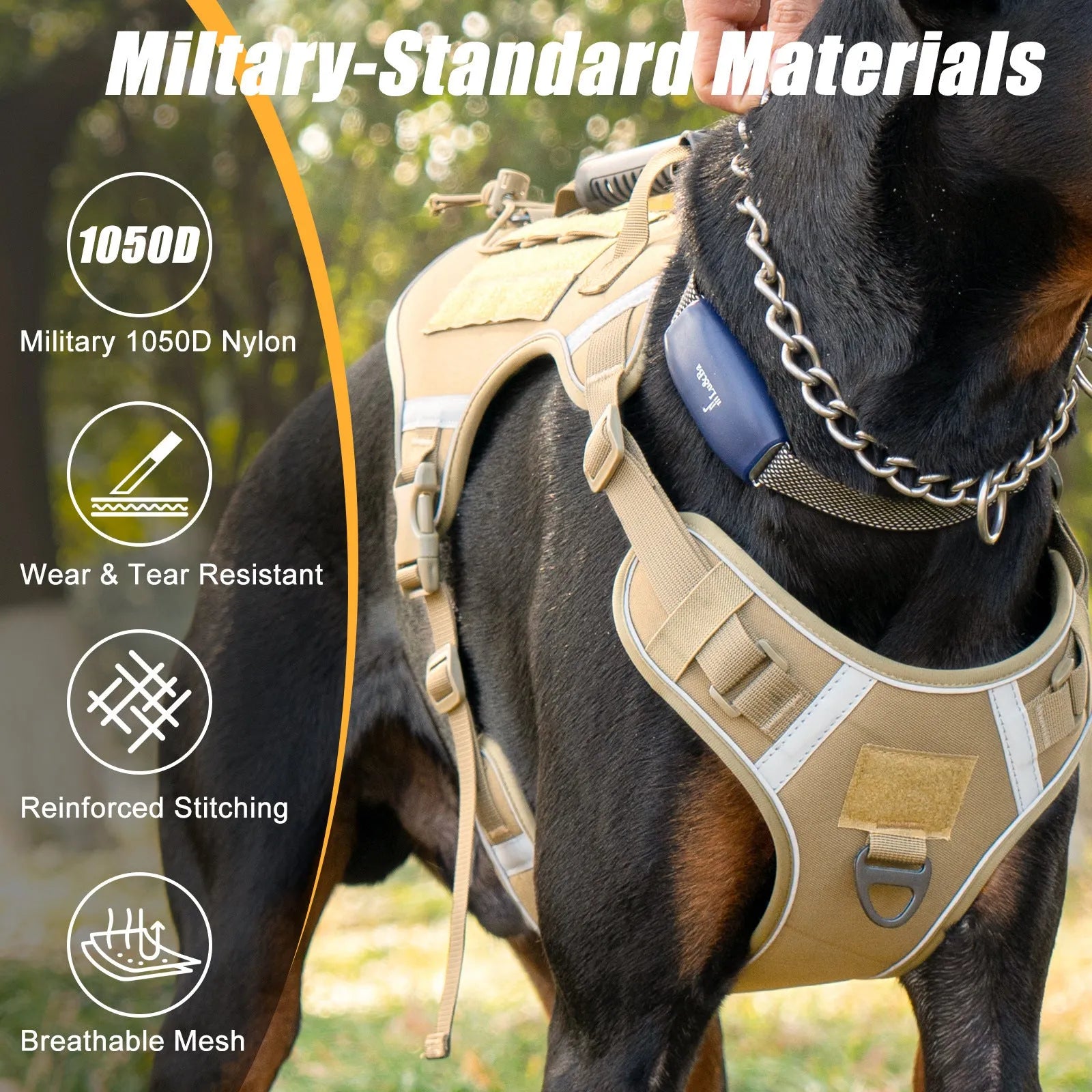 Tactical dog chest harness with back handle, reflective polyester, available in black, army green, desert yellow, and camouflage