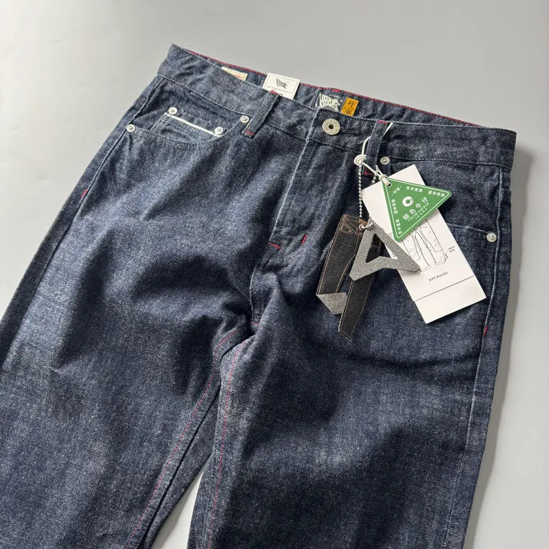 Men's straight leg jeans in primary colour cotton denim fabric with non-elastic waistband