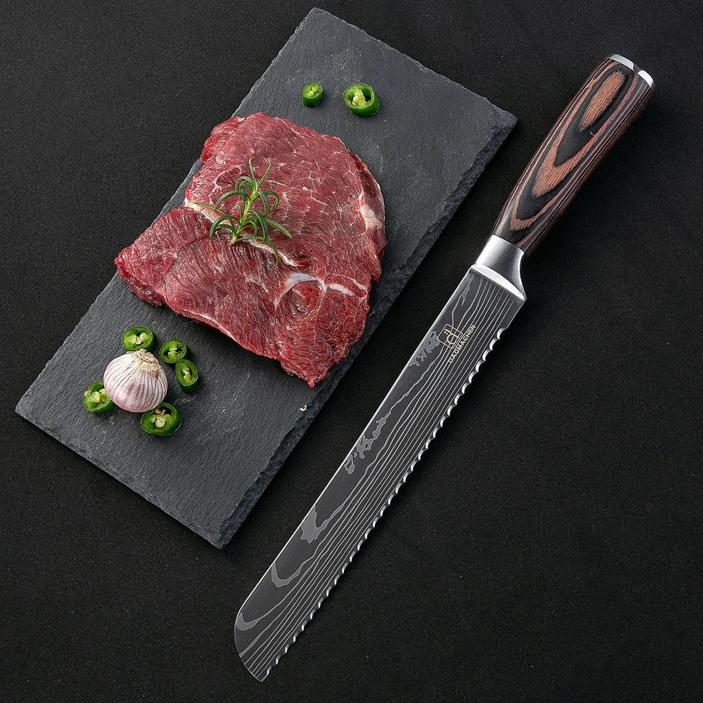7CR17 stainless steel chef knife with laser Damascus pattern, 18cm blade and colour steel handle