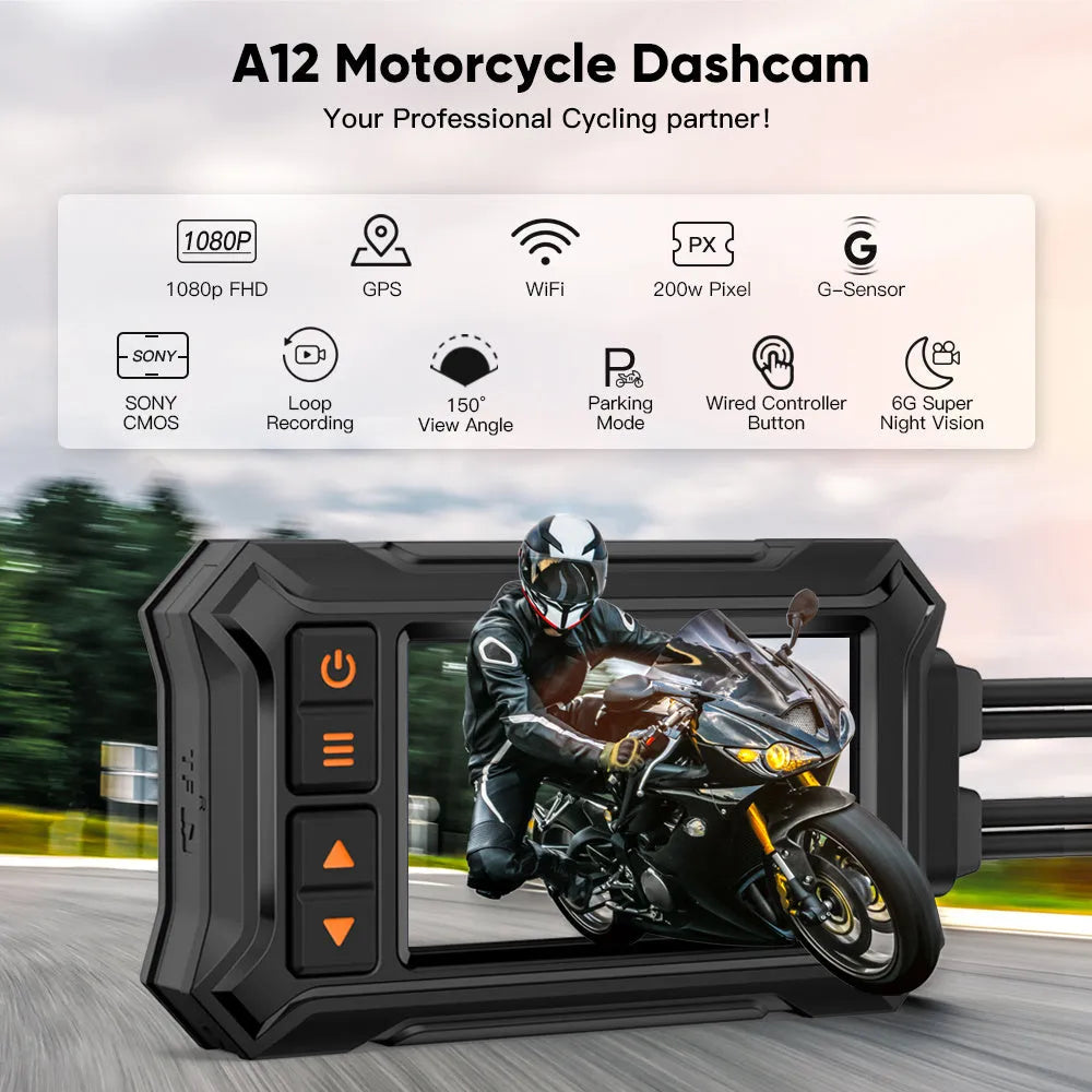 Motorcycle tachograph dash cam with 3 inch screen, dual lenses, GPS module, and handlebar wireless controller on a motorcycle handlebar.