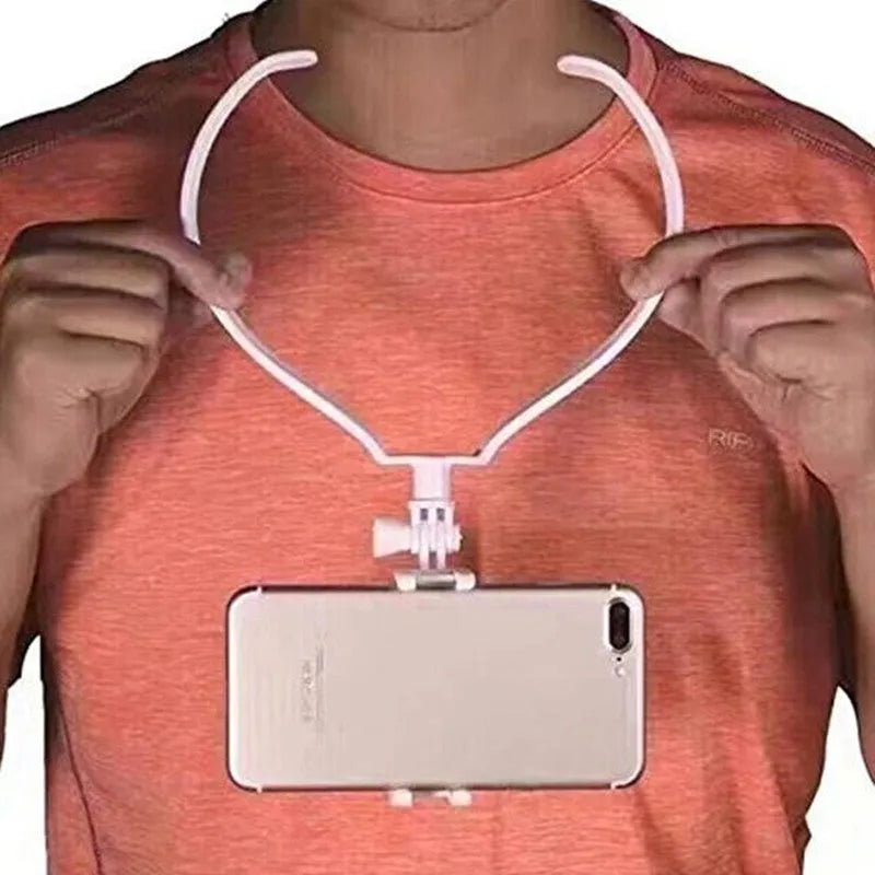 Wearable neck phone holder in black, ABS construction, 180 degree adjustable angle for hands-free use