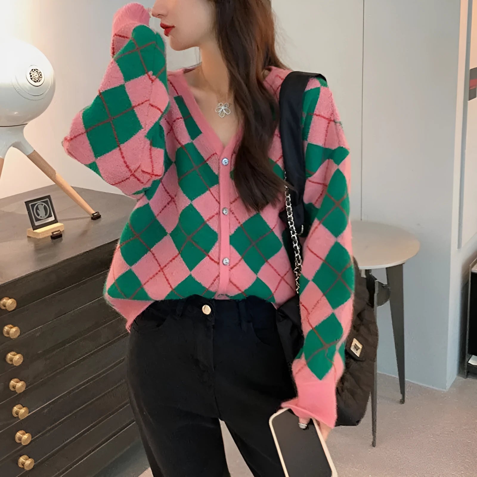 Knitted casual cardigan in macaron colours showing pink, green, black and khaki options