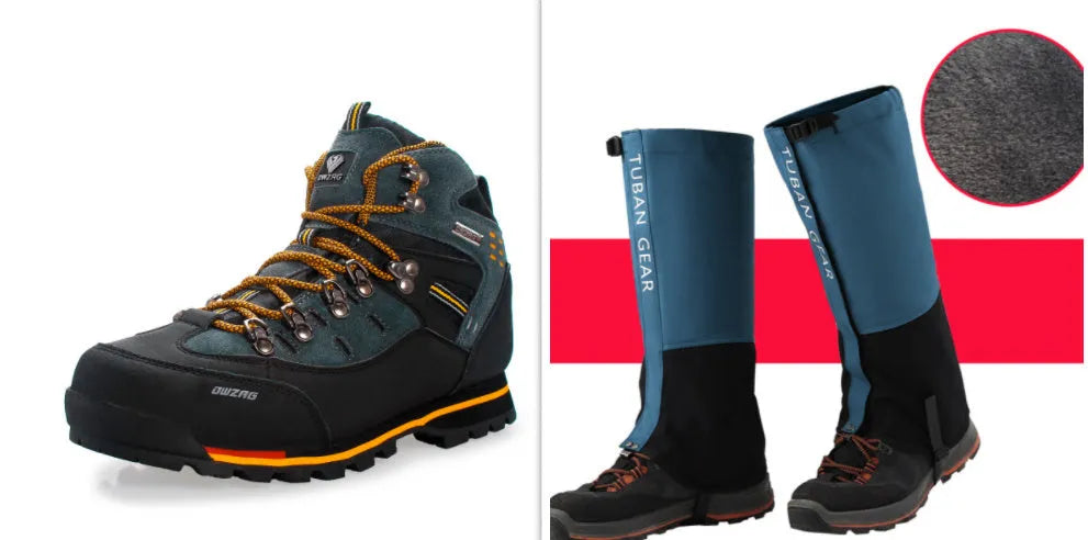 High-top hiking boot with synthetic leather upper and EVA sole, round toe, sewn line detailing, black and yellow colour