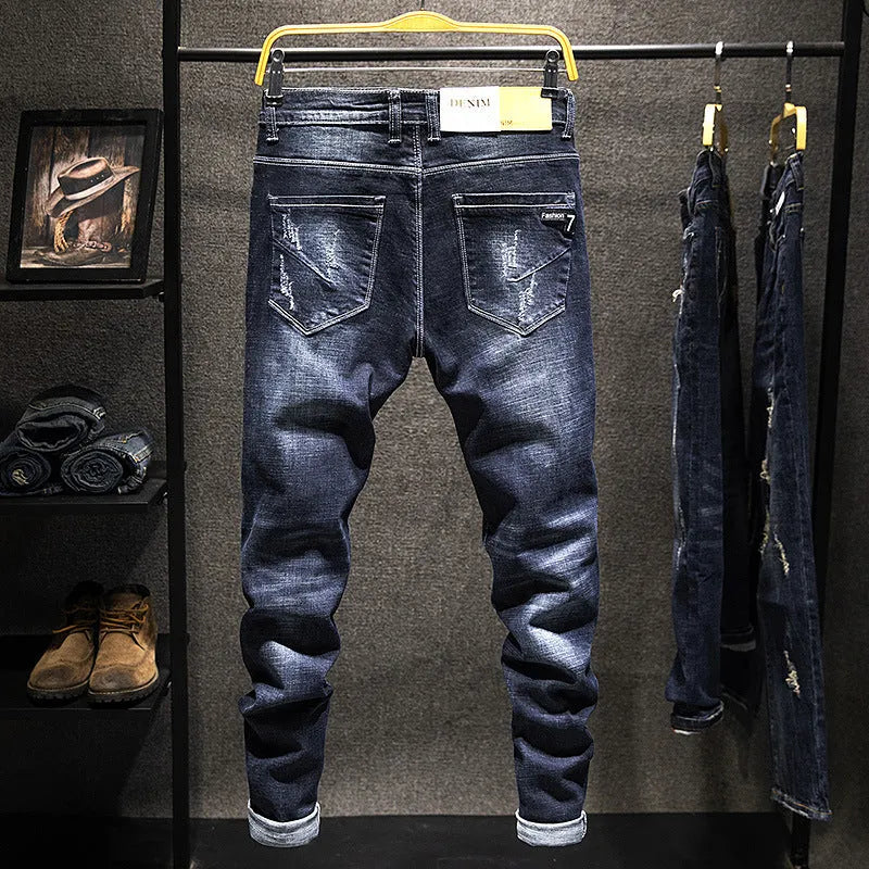 Men's skinny fit blue jeans with slim tailoring and stretch denim fabric