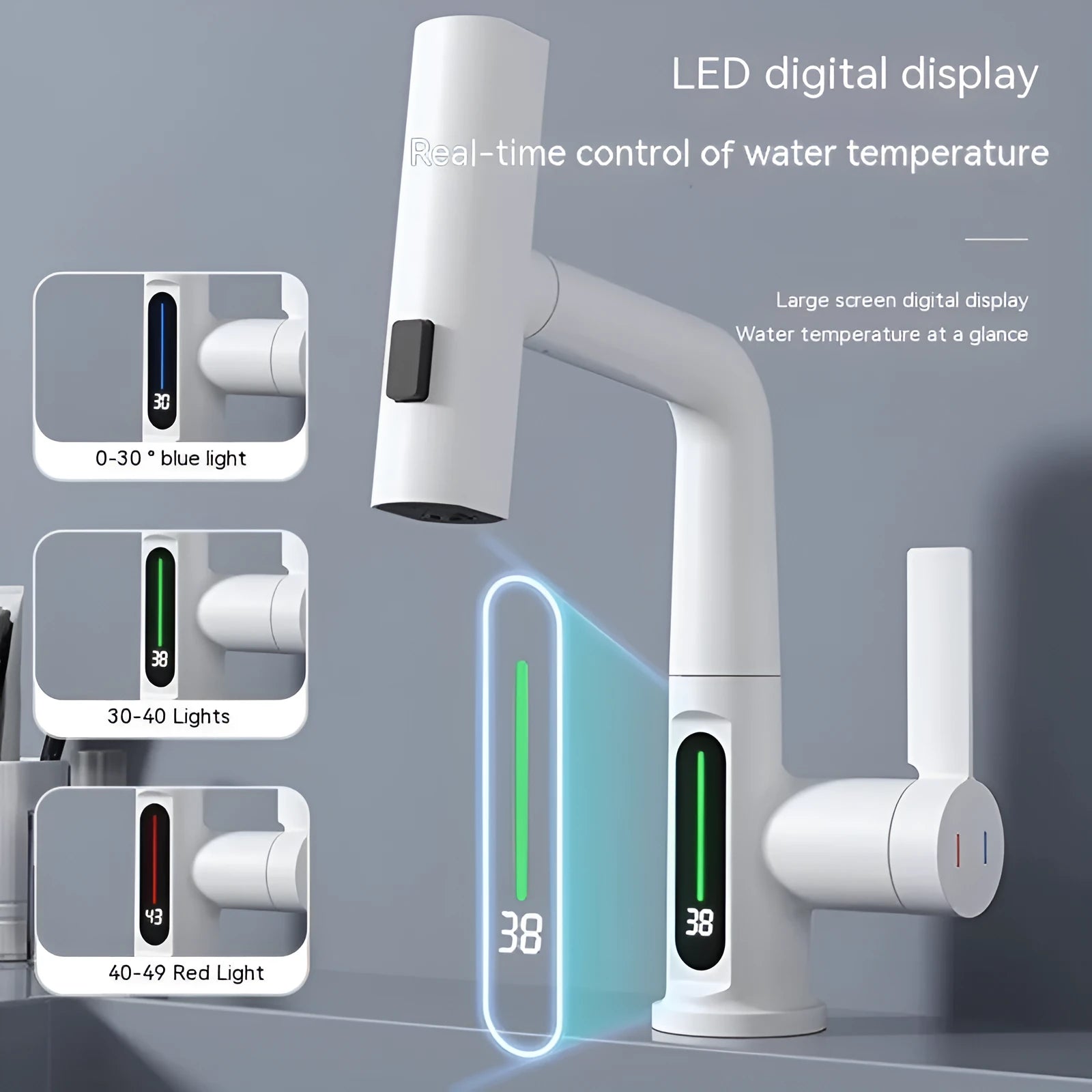 Intelligent digital display pull-out basin faucet with LED temperature screen, copper finish, and 60cm hose