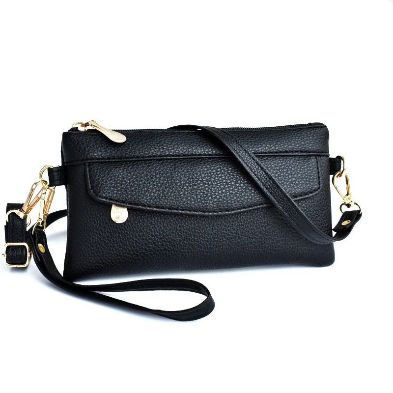 Simple soft surface PU crossbody shoulder bag in horizontal square shape with sandwich zipper compartment, multiple colour options available.