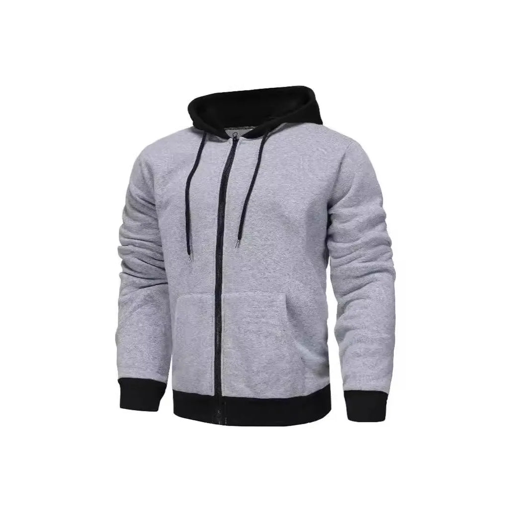 Men's zipper hoodie cardigan with wool lining, polyester fibre, size patch pocket, black with light gray hat