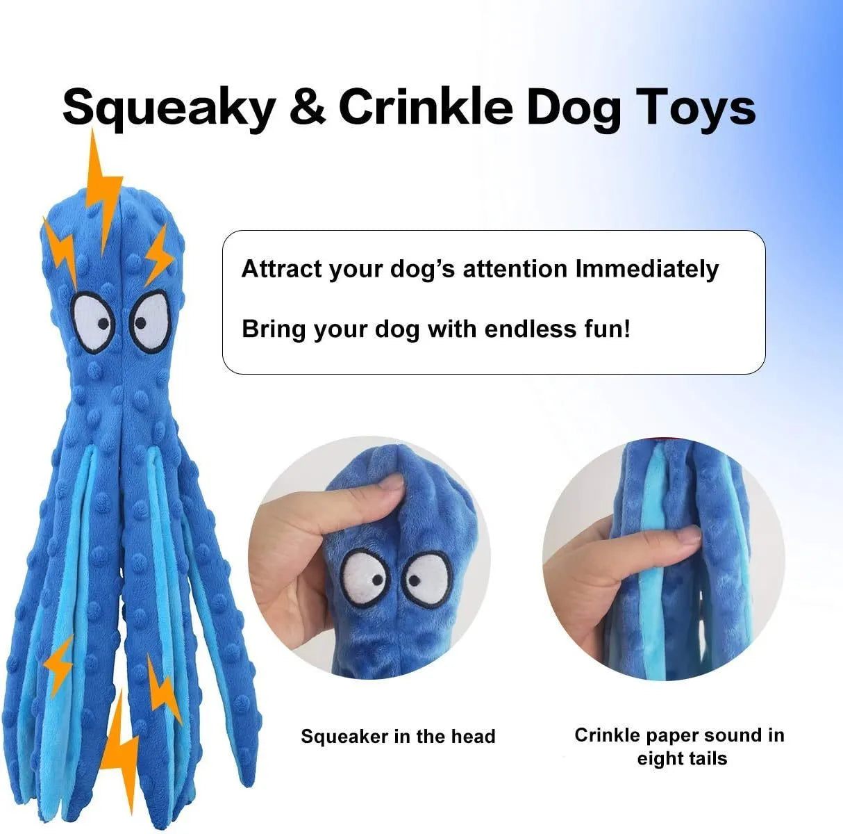 Blue octopus plush dog toy with no stuffing, featuring crinkle paper and squeaker sounds for interactive chew play.