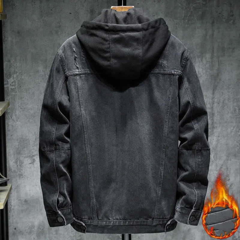 Thick denim jacket for men with hooded collar in black, slim fit, cotton construction