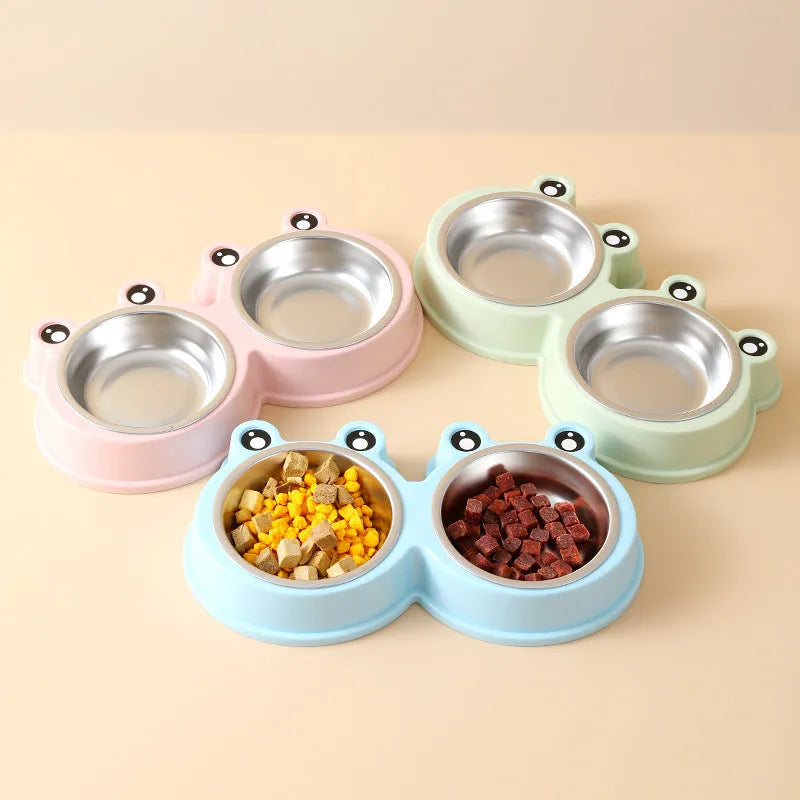 Stainless steel pet double bowl with food and water compartments in blue colour