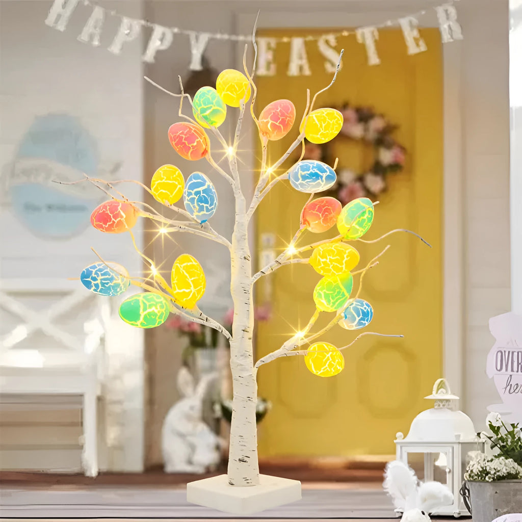60cm LED birch tree with warm white lights and cracked egg ornaments on a tabletop