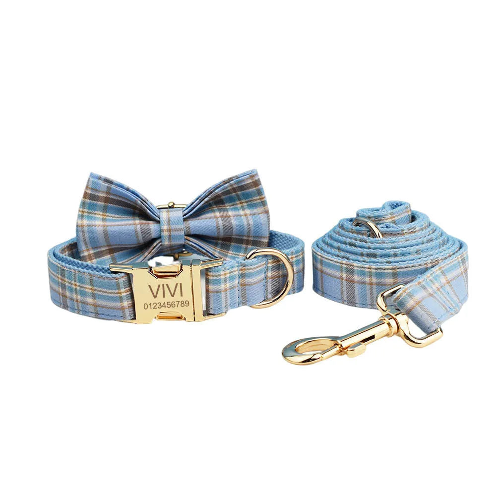 Sky blue grid forest dog collar and leash set with bow and vest on cloth material