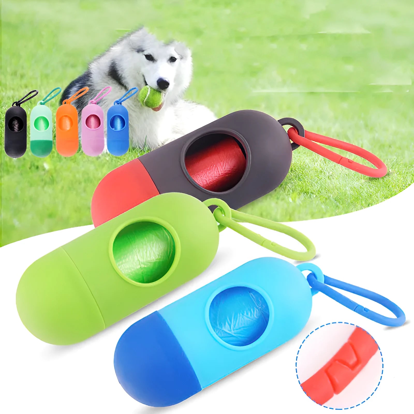 Compact black dog waste bag dispenser holder with metal hook and Velcro strap.