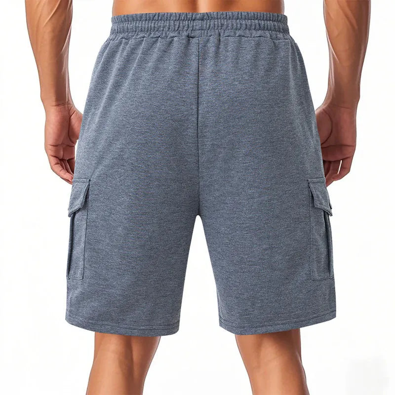 Men's loose cargo shorts in terry cloth with multiple pockets in light grey colour