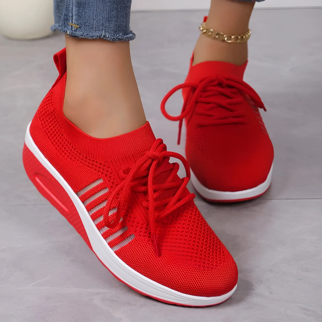 Breathable mesh lace-up flat shoes with platform sole, low heel, round toe, available in black