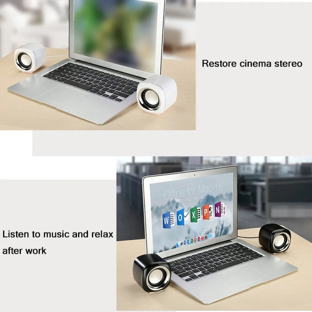 Laptop audio desktop mini speaker pair, ABS, black, 7.2cm cube with scroll wheel and 3.5mm wire
