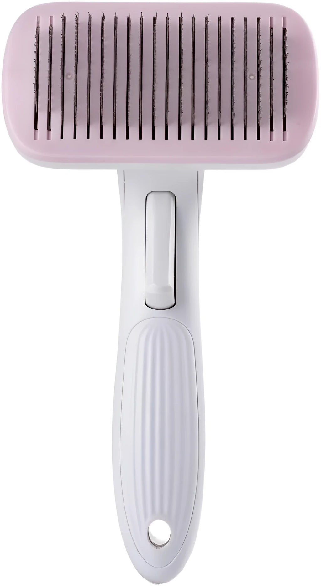 Automatic pet hair removal comb for dogs and cats showing one-click operation mechanism