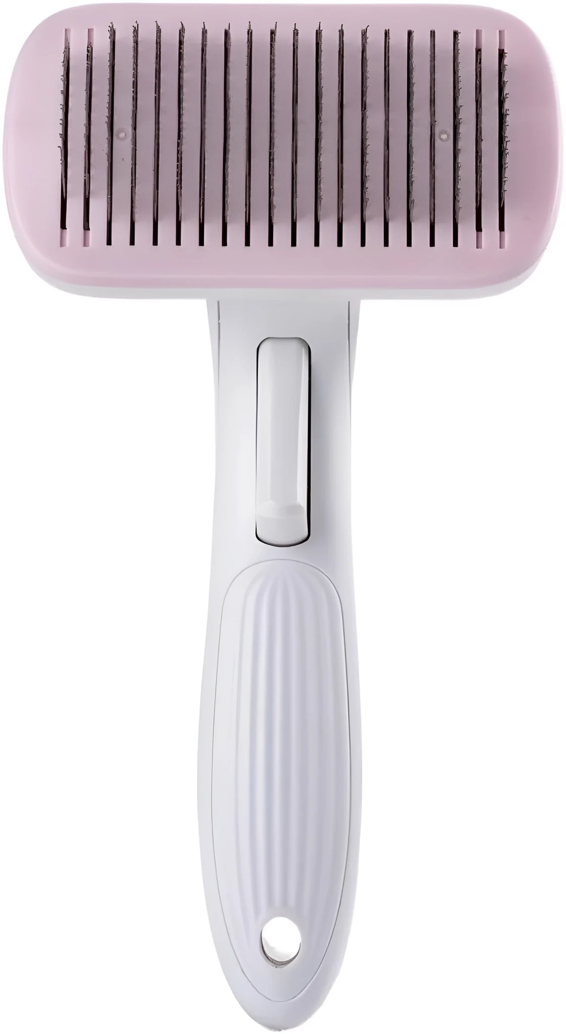 Automatic pet hair removal comb for dogs and cats showing one-click operation mechanism