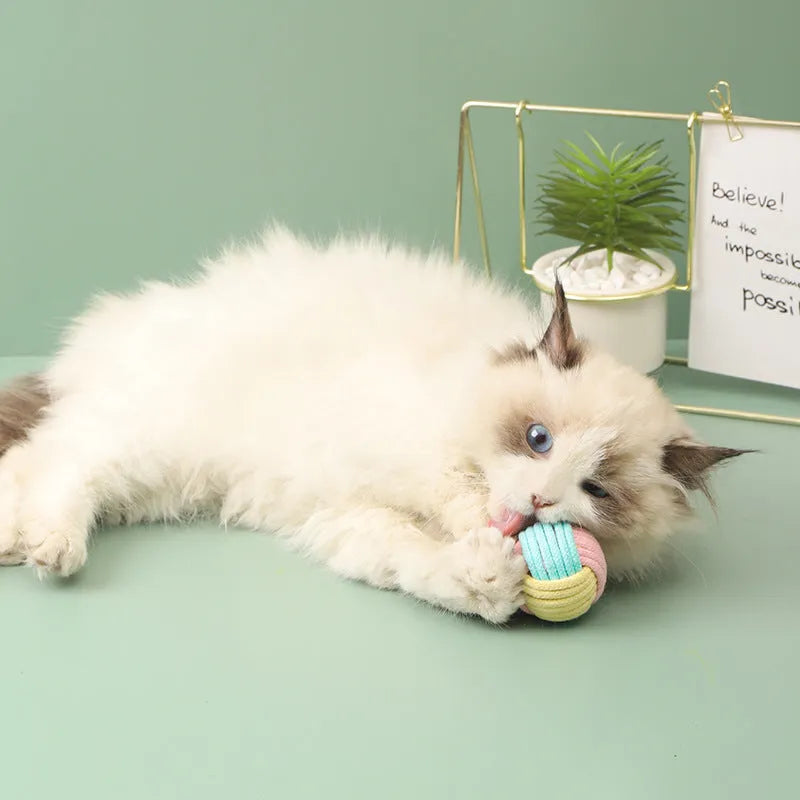 Handmade blue powder cat hair ball plush toy measuring 5cm in diameter