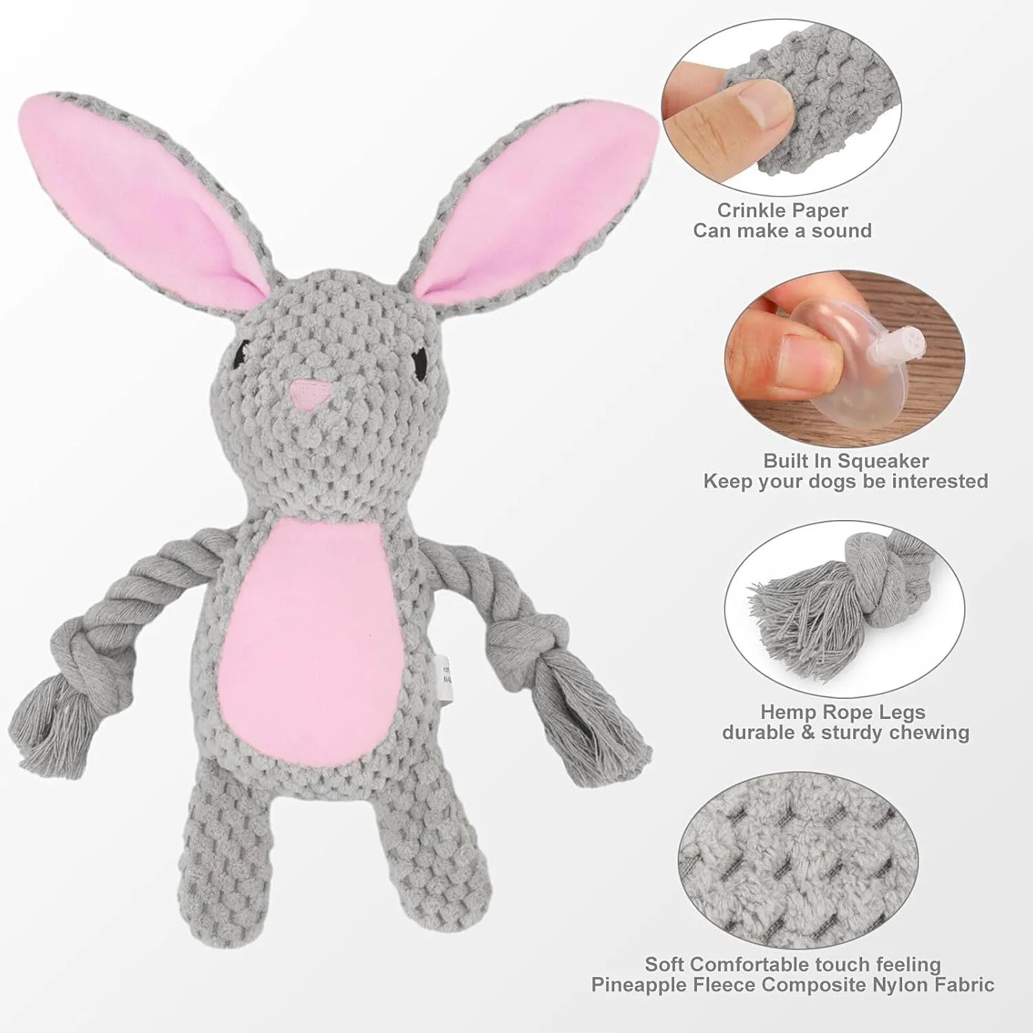 Plush dog squeaker toy with crinkle paper and cotton rope in elephant design for small middle dogs