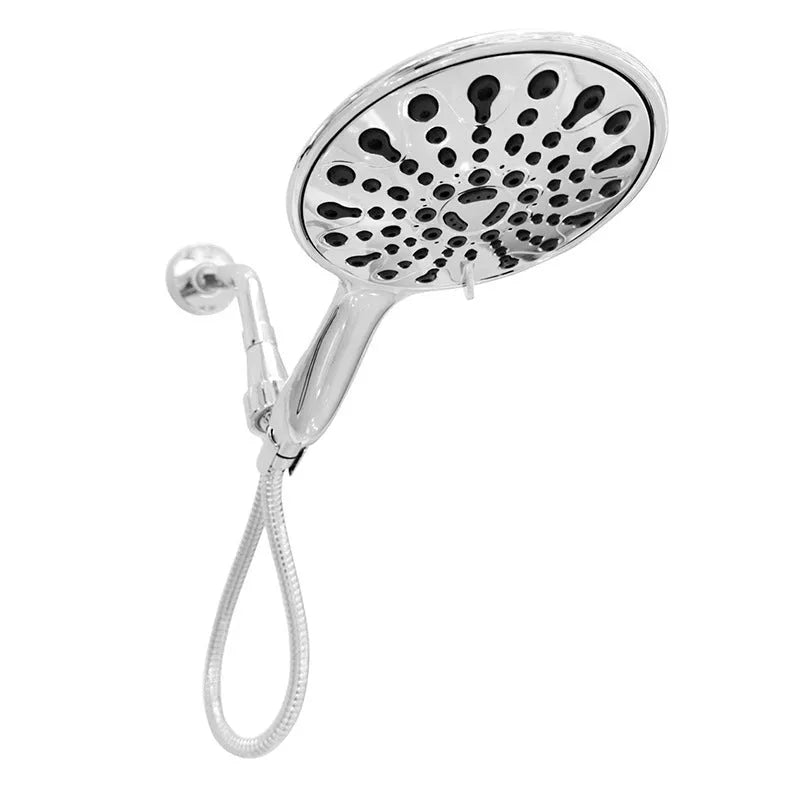 Six-function handheld shower head with ABS plastic construction and electroplated finish