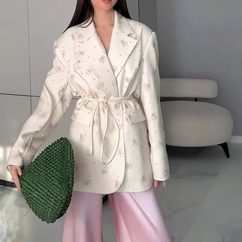Women's printed polyester suit jacket with lace-up collar and waist-tight fit