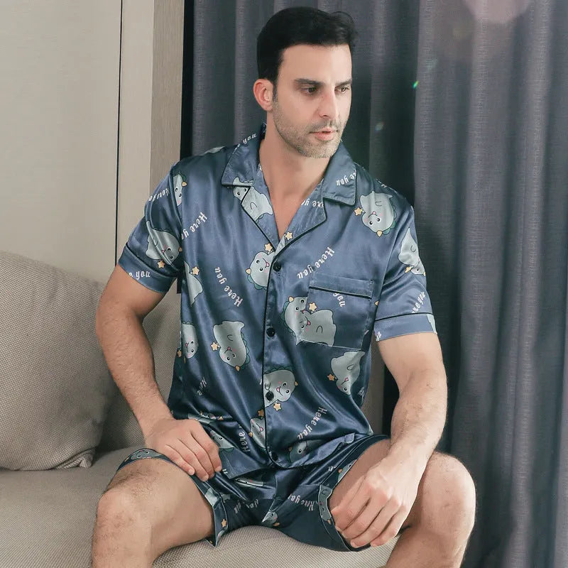 Ice silk men's short sleeve cardigan pajama set in picture style colour, including top and pants, shown on a model.