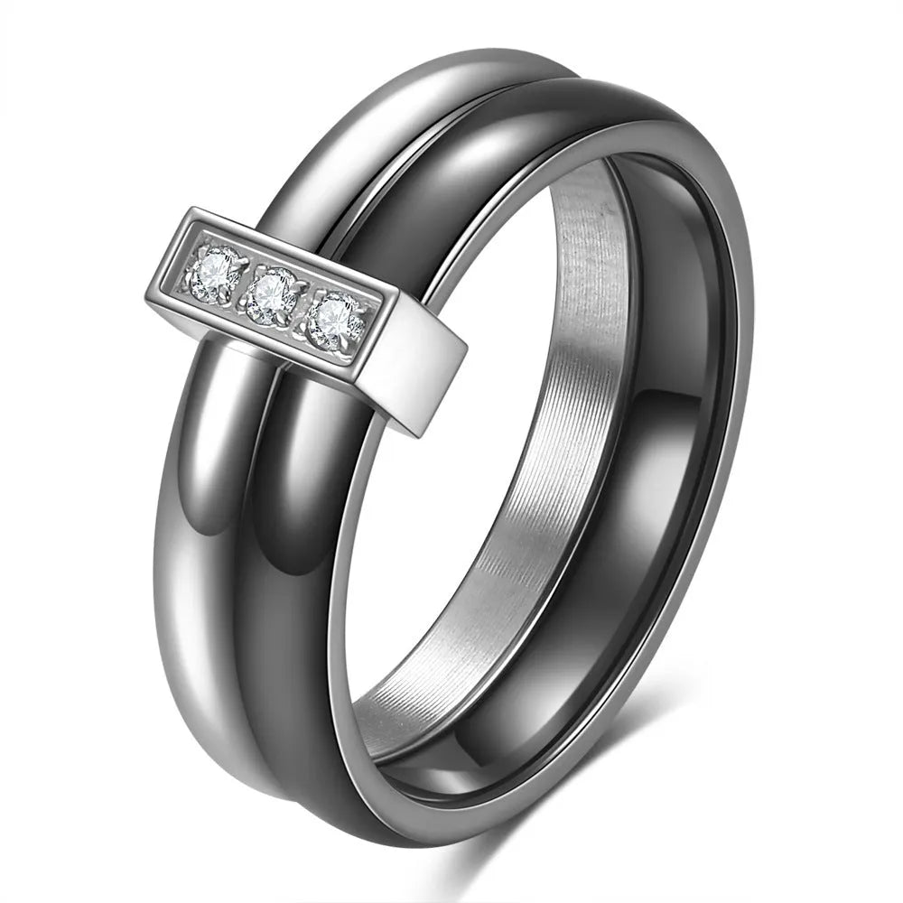Geometric zirconium ceramic women's ring with glossy stitching in steel black or gold white finish