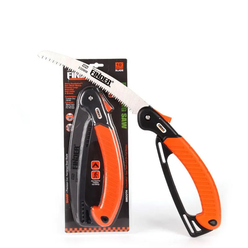 Folding garden hand saw with a 9-inch metal blade and black TPR grip handle, shown both open and closed.