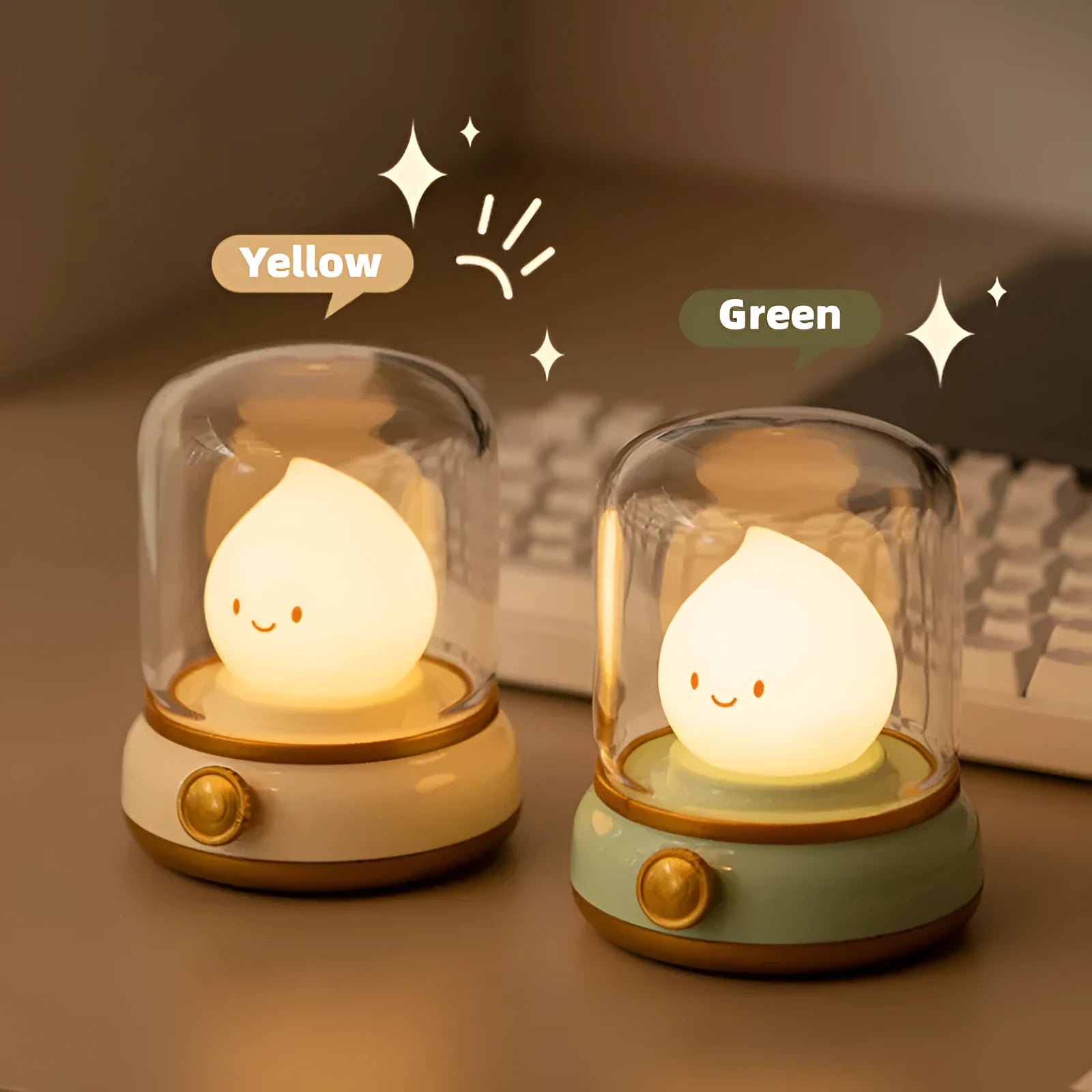 Retro USB rechargeable LED night lamp in green, compact 100x108x124mm, with dimmable knob and candlelight mode