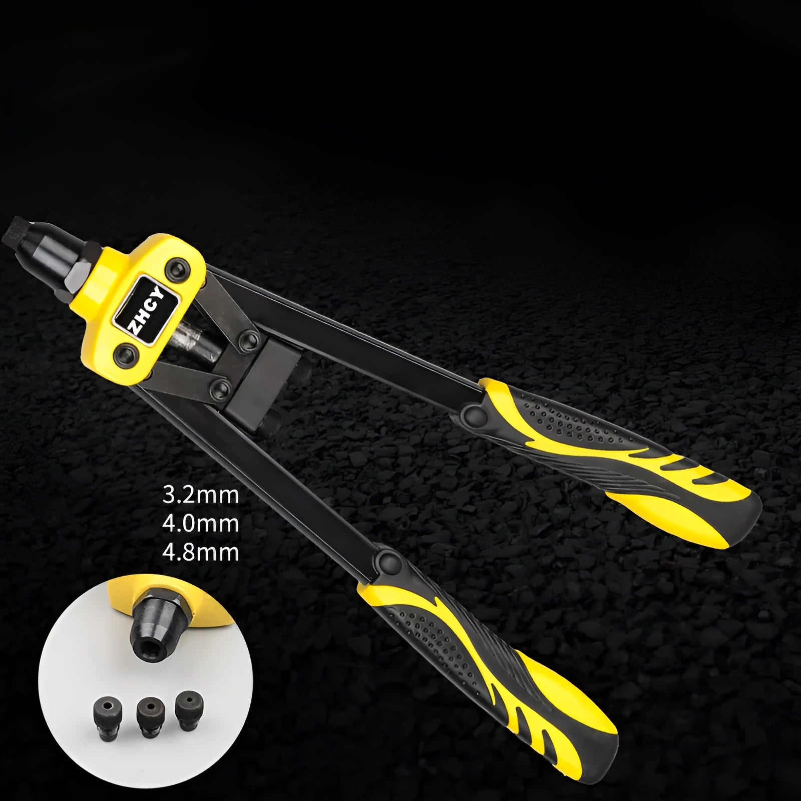 Yellow 13-inch manual rivet gun with three nozzle tips for 3.2mm 4.0mm 4.8mm rivets