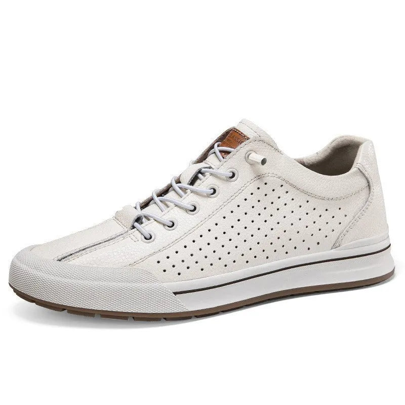 Men's white and black matte leather casual shoes with round toe and flat heel.