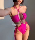 Women's fashion drawstring one-piece nylon swimsuit in solid black, briefs style, front view