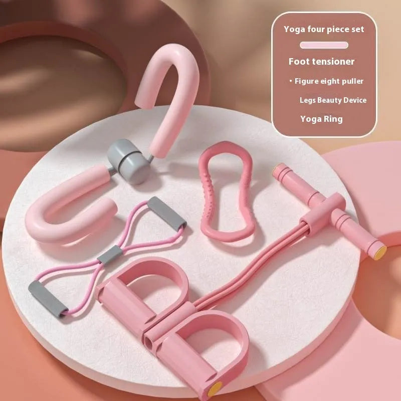 Yoga four piece set showing leg stretcher, yoga ring, foot pedal device and figure eight tension rope