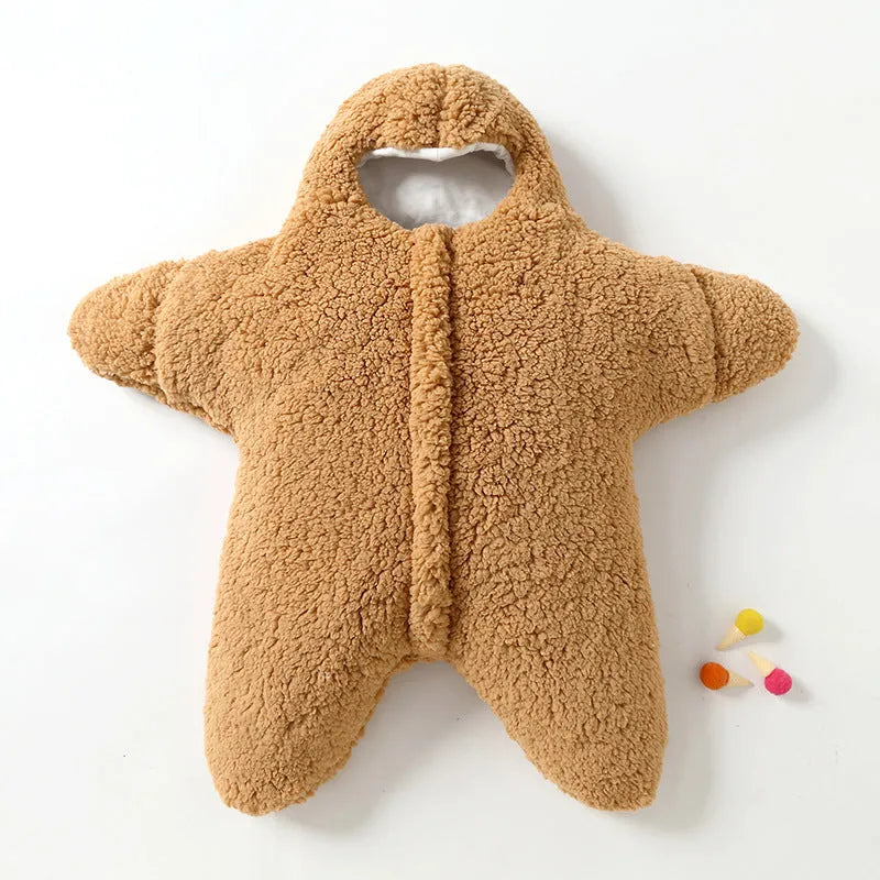 Baby starfish lamb velvet sleeping bag in pink with hood and zip, 76x78x39cm, for newborns 0-6 months